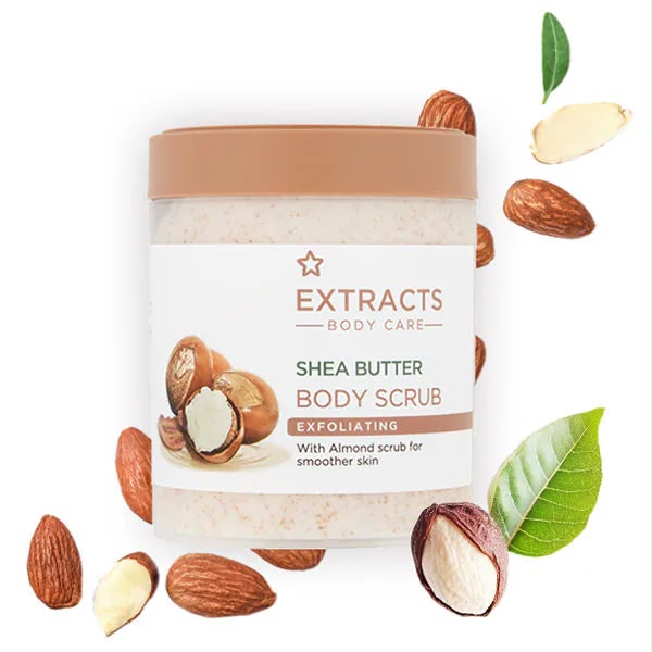Superdrug Extracts Shea Butter exfoliating body scrub jar with almond scrub