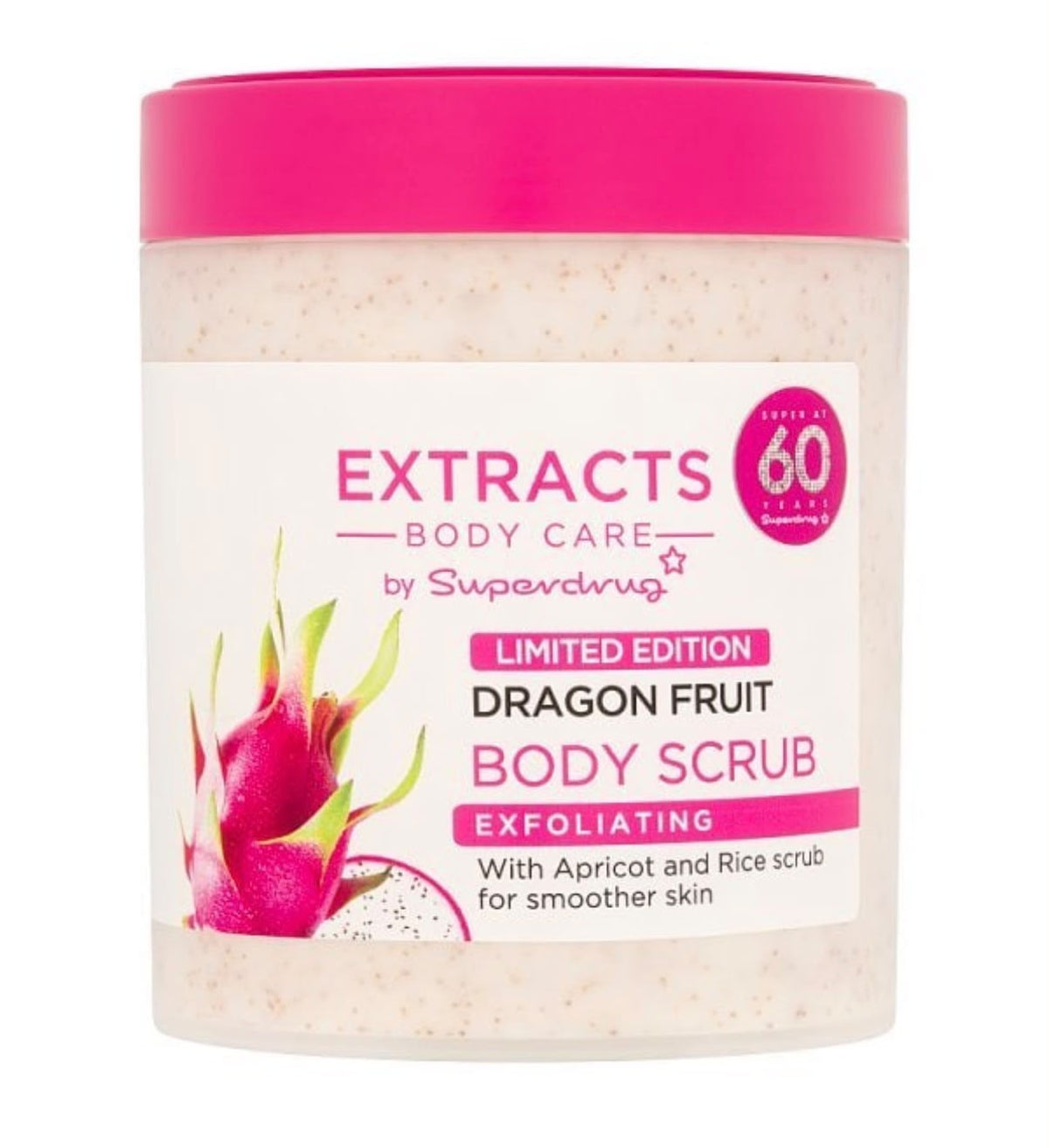 Superdrug Extracts limited-edition Dragon Fruit exfoliating body scrub jar
